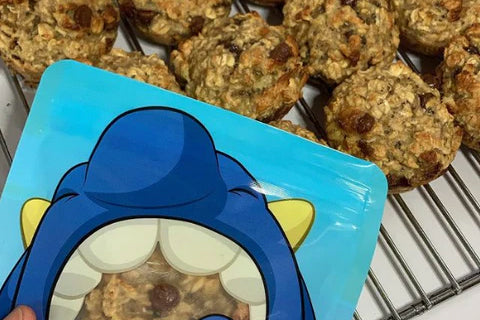 blue nom nom kids monster pouch filled with homemade flapjacks
