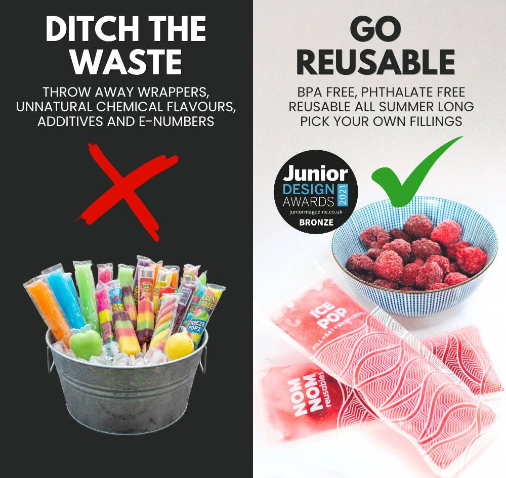 Comparison of single-use ice pops with reusable ones, emphasizing waste reduction and health benefits.