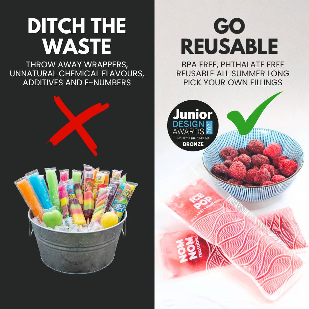 Comparison of single-use ice pops with reusable ones, emphasizing waste reduction and health benefits.