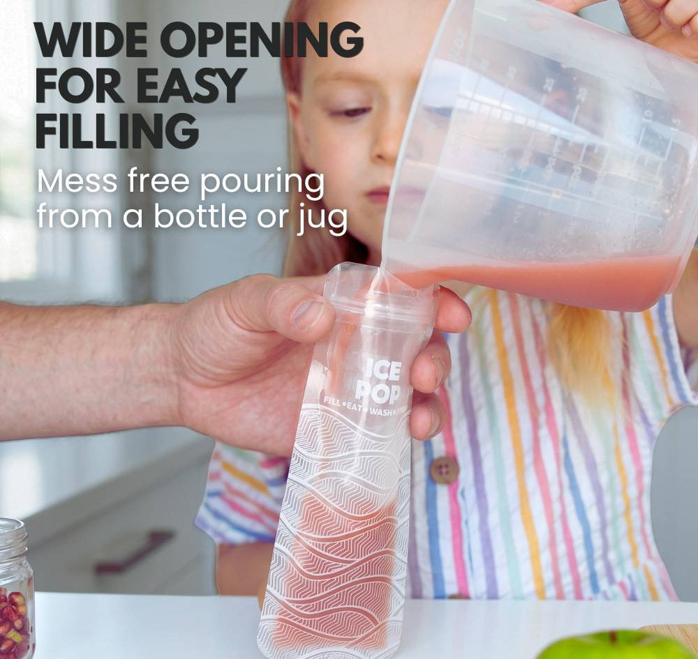 girl pouring smoothie into a reusable ice pop bag