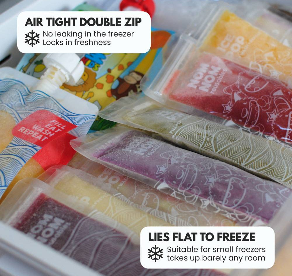 Close-up of air tight double zip ice pop bags lying in a freezer
