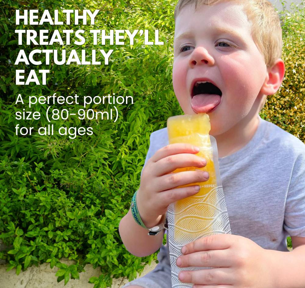 child eating a nom nom kids reusable ice pop