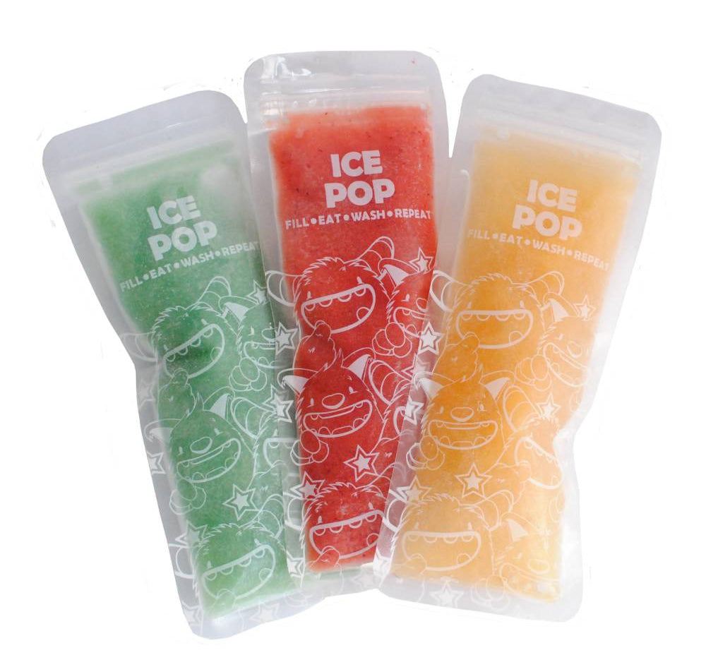 Three ice pop packs in green, red, and orange on a white background