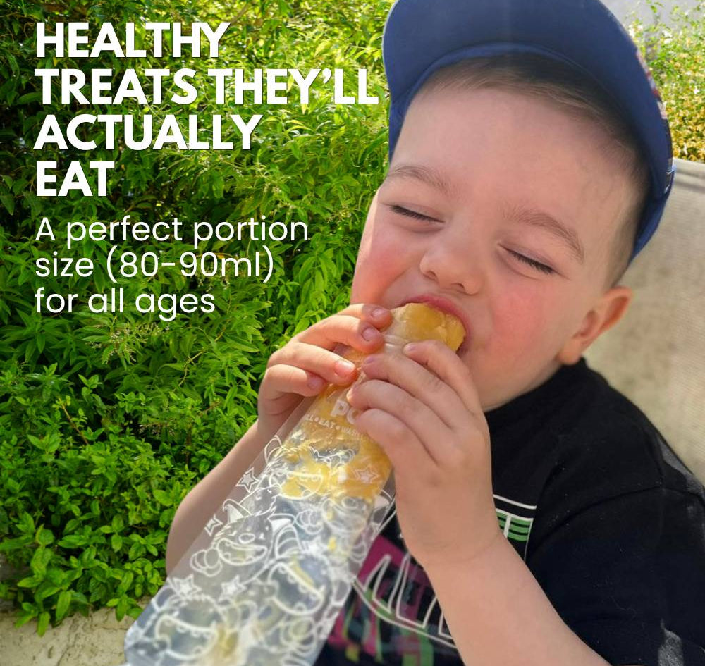 Child eating from a nom nom kids reusable ice pop bag with text about healthy treats