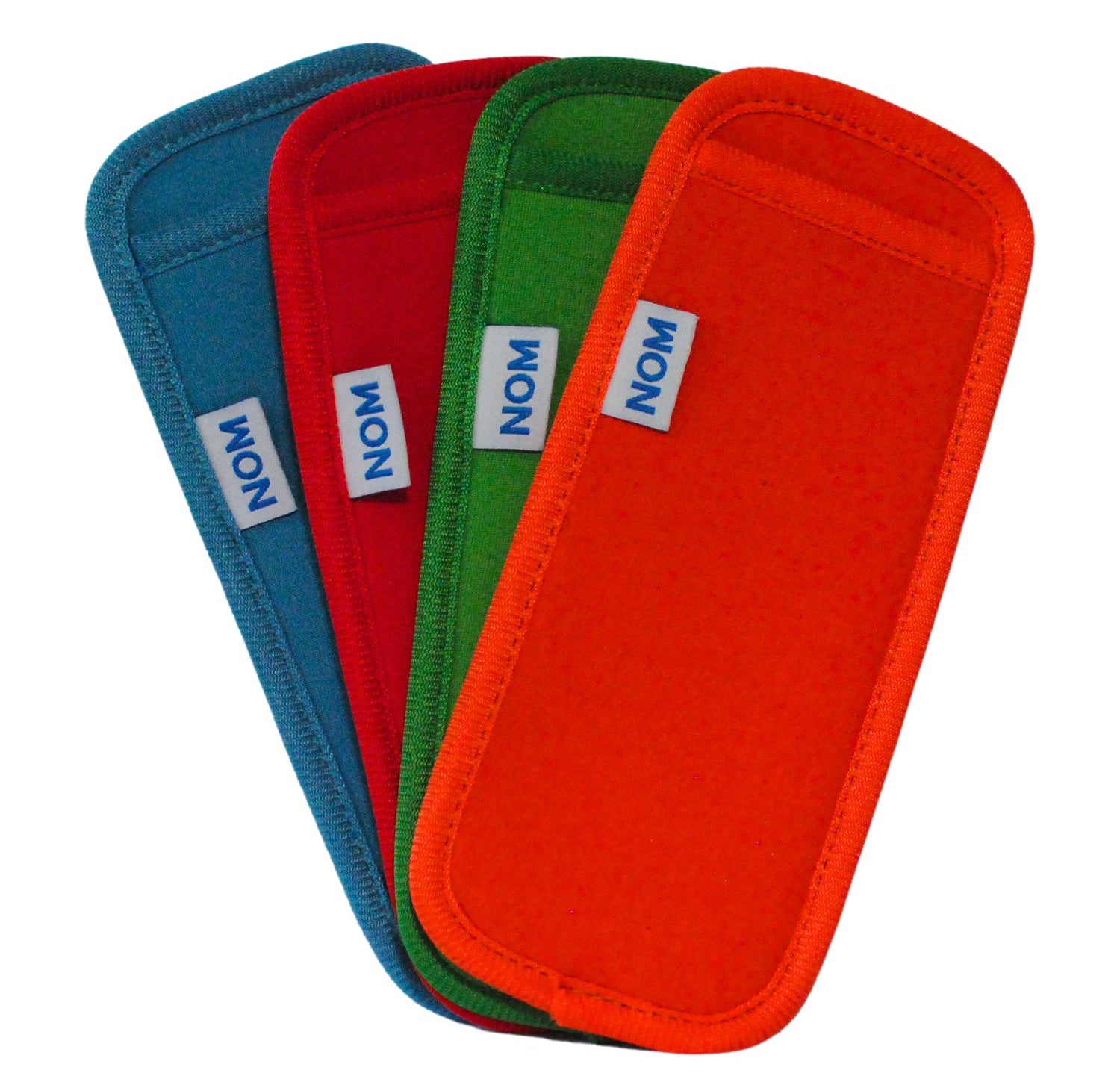 A set of four neoprene ice pop holders in orange, teal, red, and green, each with a label showing the brand name 'Nom Nom'.