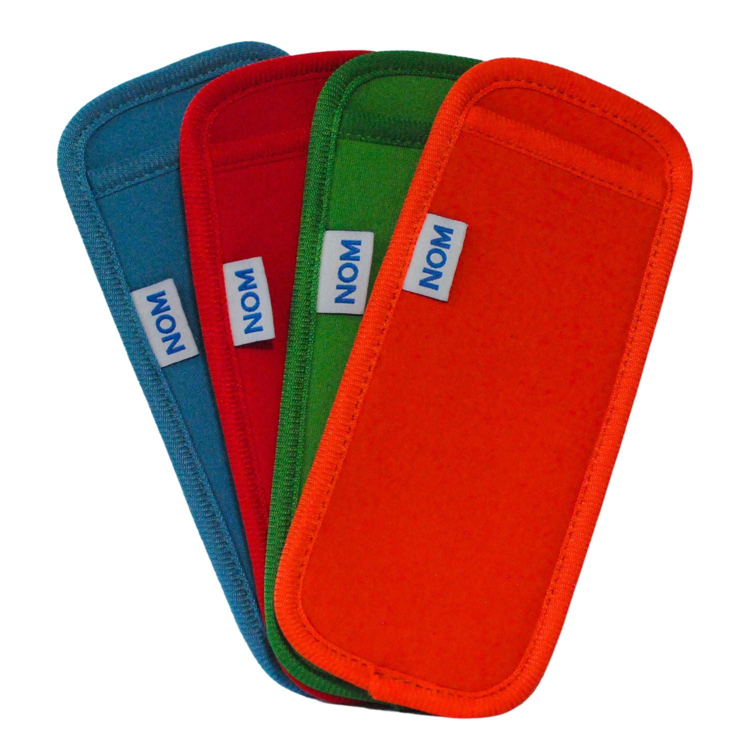 A set of four neoprene ice pop holders in orange, teal, red, and green, each with a label showing the brand name 'Nom Nom'.