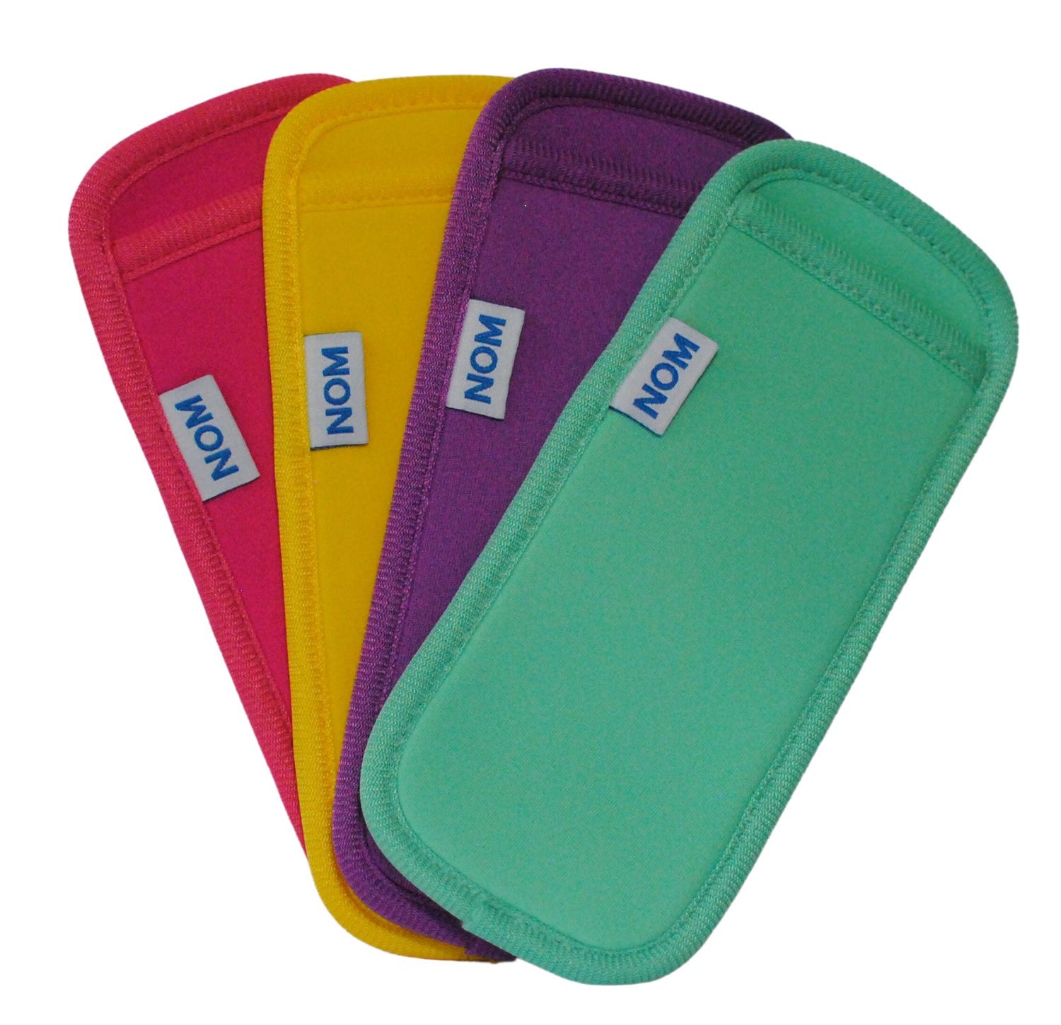 A set of four neoprene ice pop holders in pink, purple, green, and yellow, each with a label showing the brand name 'Nom Nom'.