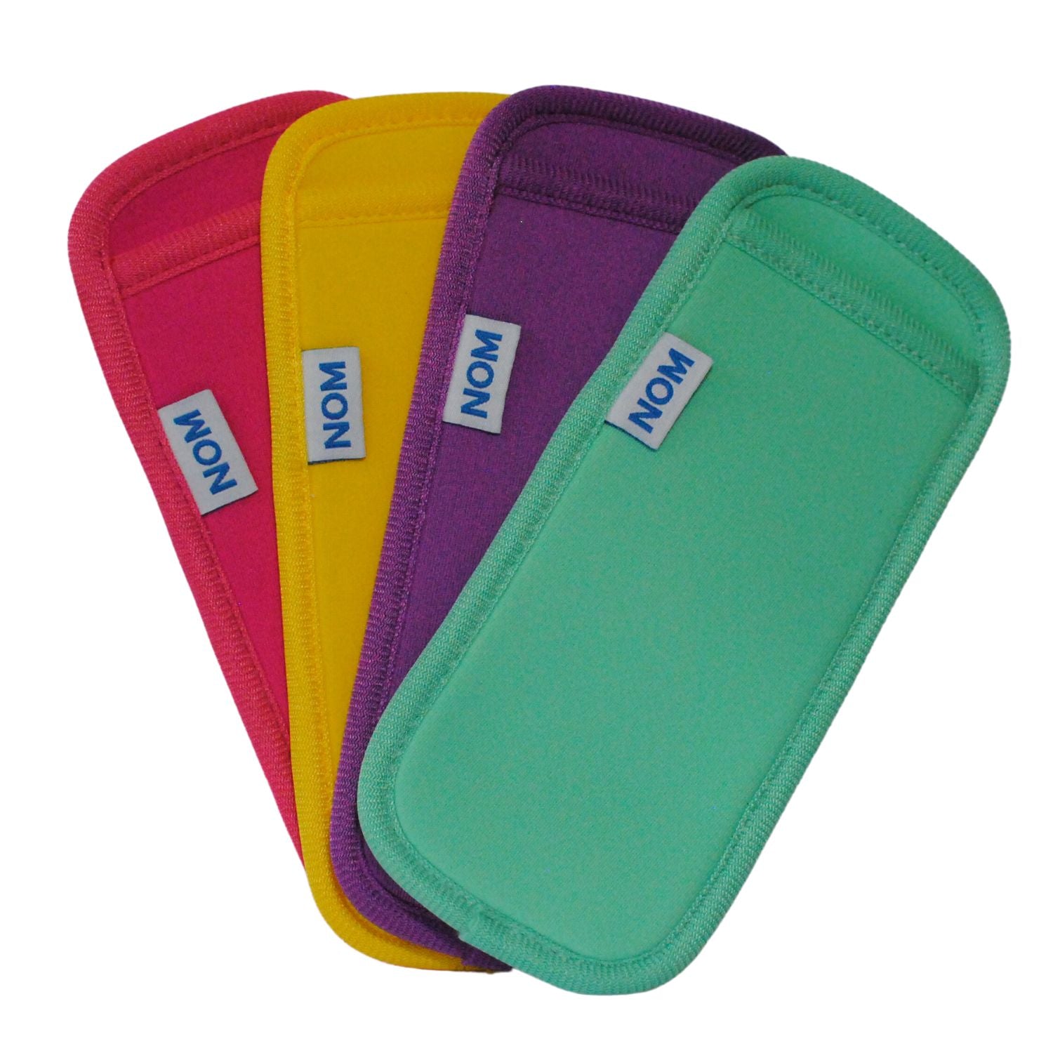 A set of four neoprene ice pop holders in pink, purple, green, and yellow, each with a label showing the brand name 'Nom Nom'.