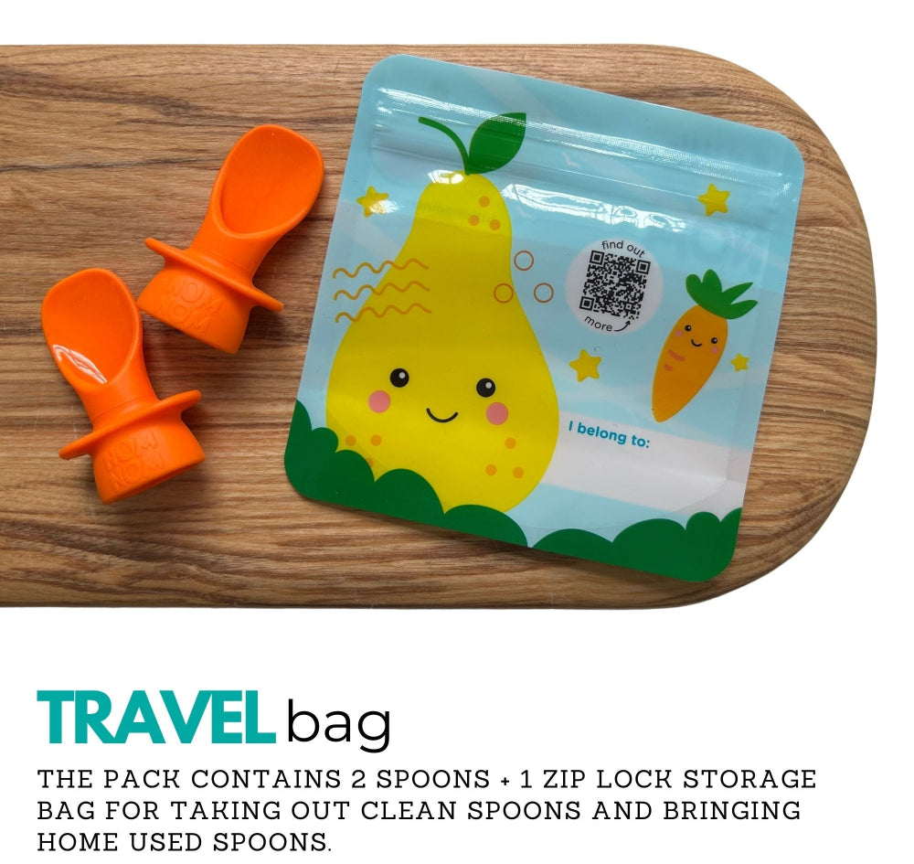 silicone pouch spoons with a travel bag on a chopping board