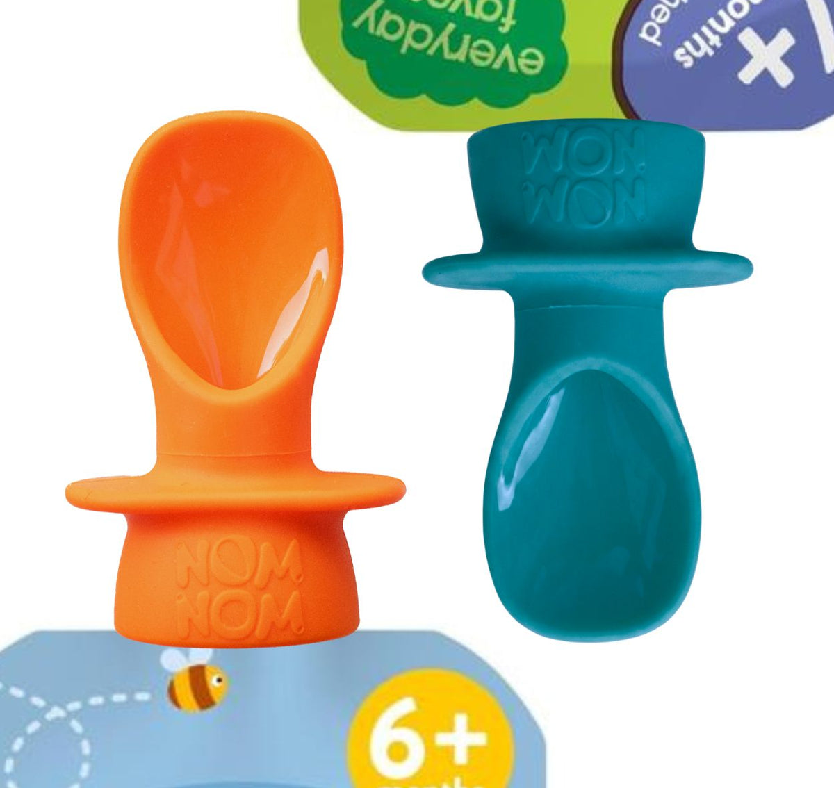 2 silicone pouch spoons. one in orange and one in teal blue colour