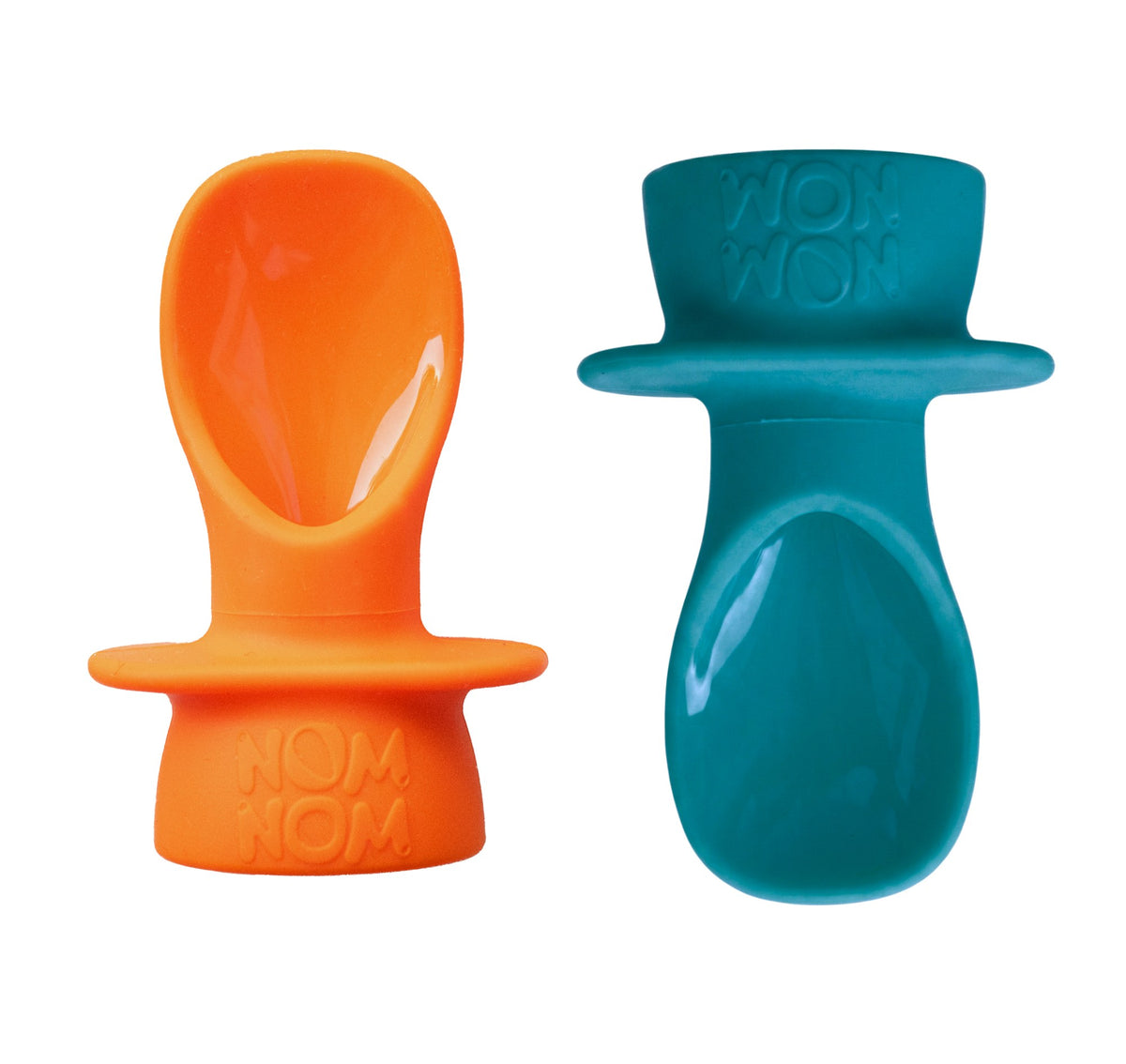 Two silicone baby pouch spoon products on a white background. one is orange and one is teal blue in colour.