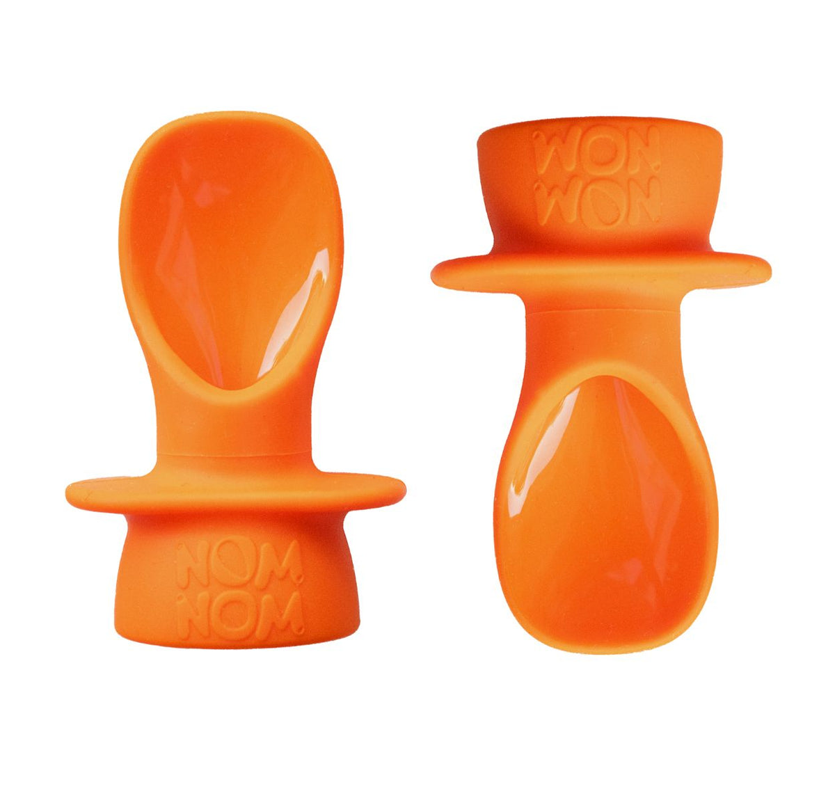 Two orange silicone baby pouch spoon products on a white background