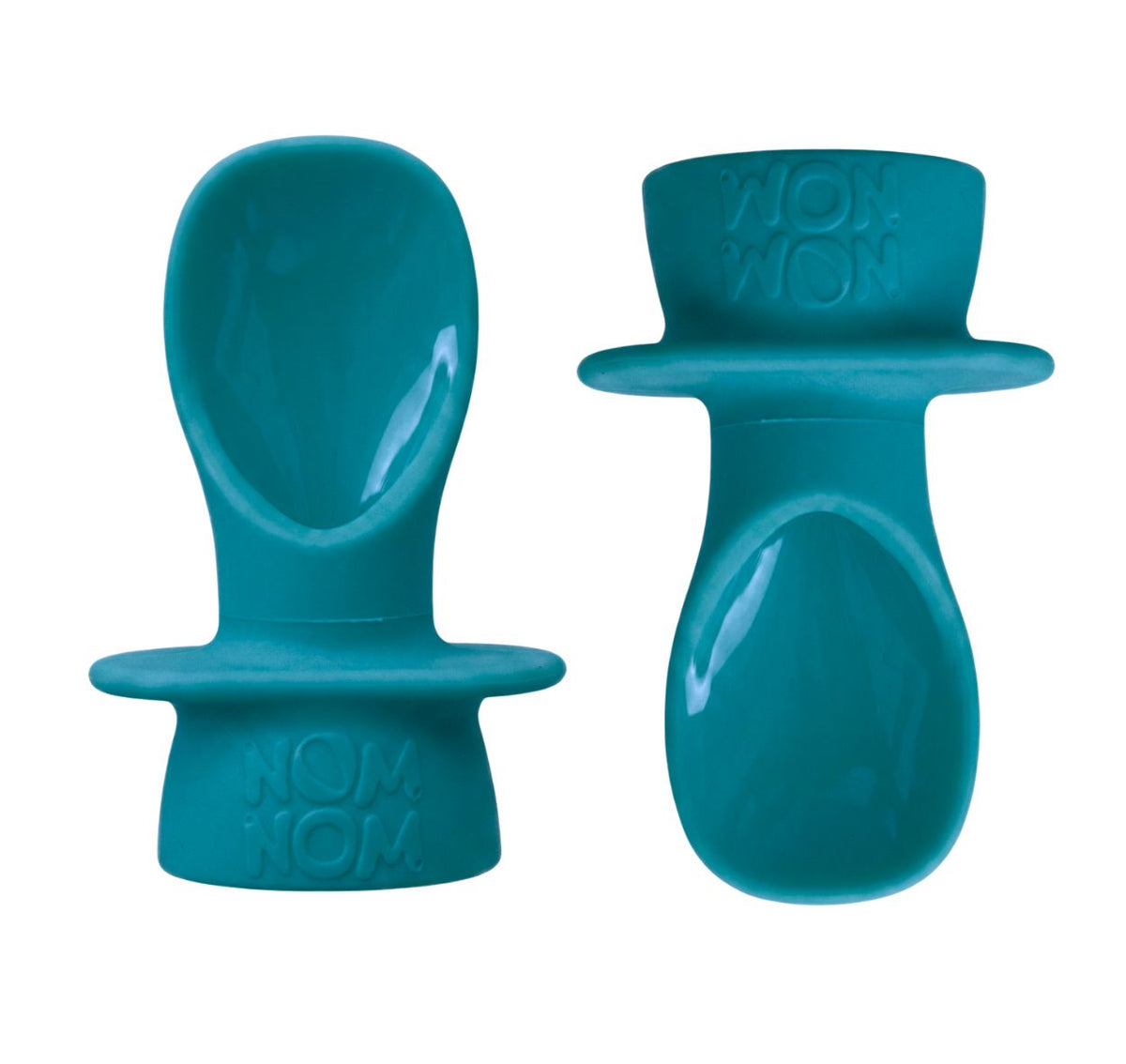 Two teal silicone baby pouch spoon products on a white background