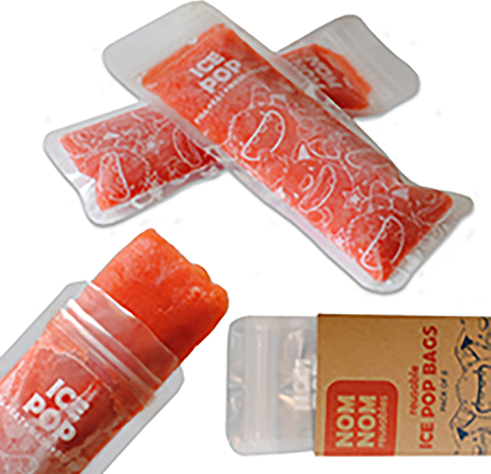 Nom Nom kids reusable ice pop bags filled with homemade ice pop mixture