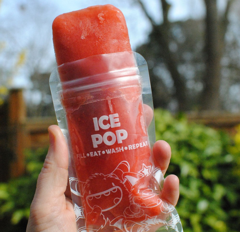 Nom Nom kids reusable ice pop bag with red ice pop