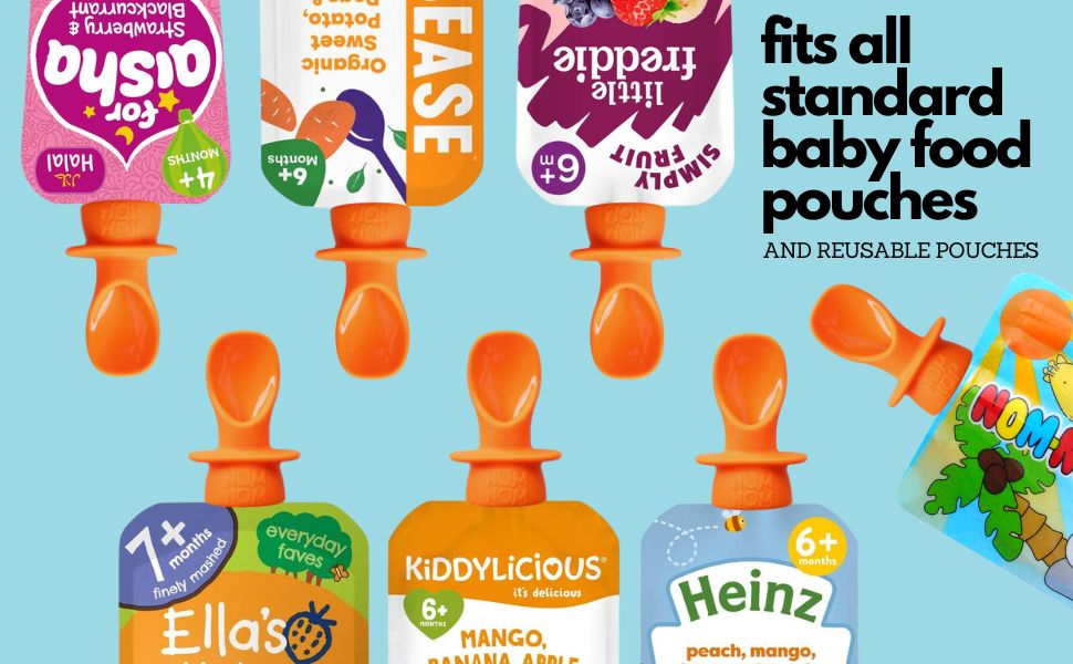 Baby food pouches with various brands on a blue background