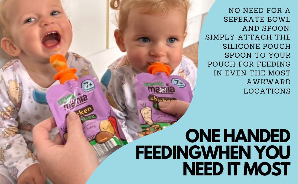 Two babies holding Mamia pouches with silicone spoons, surrounded by promotional text about the product.