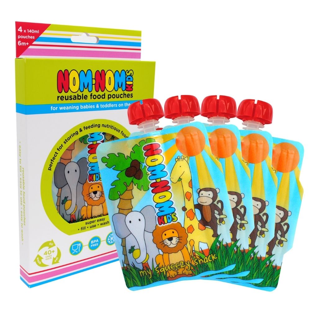 Nom Nom Kids reusable food pouches with packaging on a white background