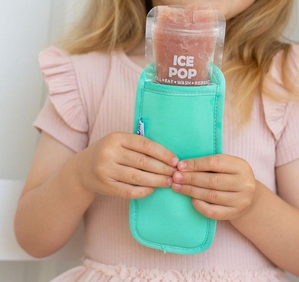 Aqua Neoprene ice pop sleeve for a Nom Nom reusable ice pop bag to stop hands from getting col and keep the ice pop from melting so quick