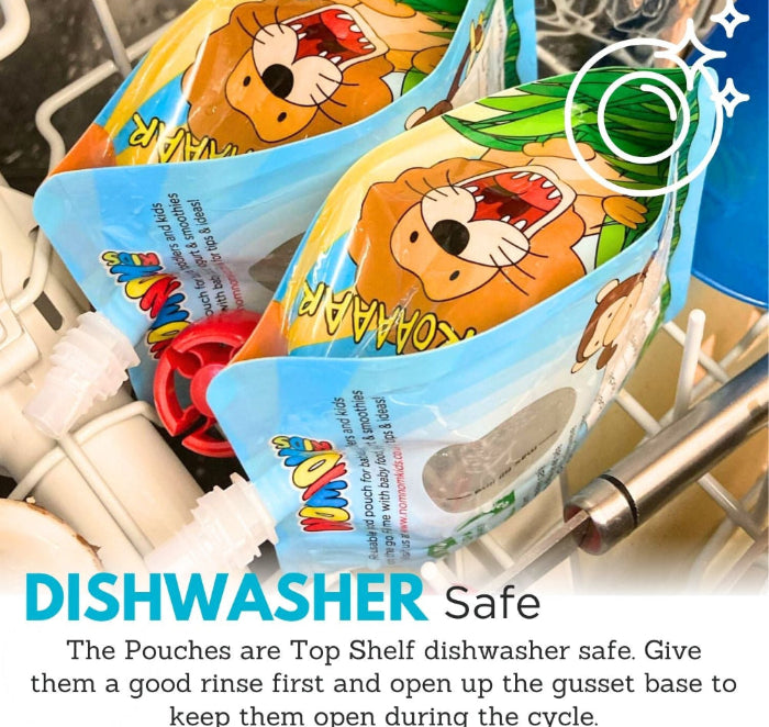 nom nom kids pouches in the dishwasher showing how the base keeps them open for effective cleaning