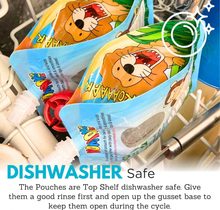 nom nom kids pouches in the dishwasher showing how the base keeps them open for effective cleaning
