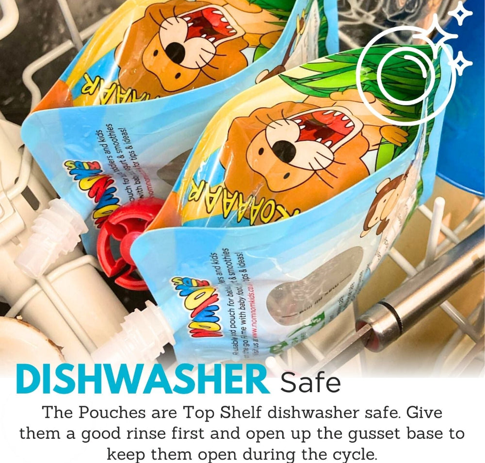 nom nom kids pouches in the dishwasher showing how the base keeps them open for effective cleaning