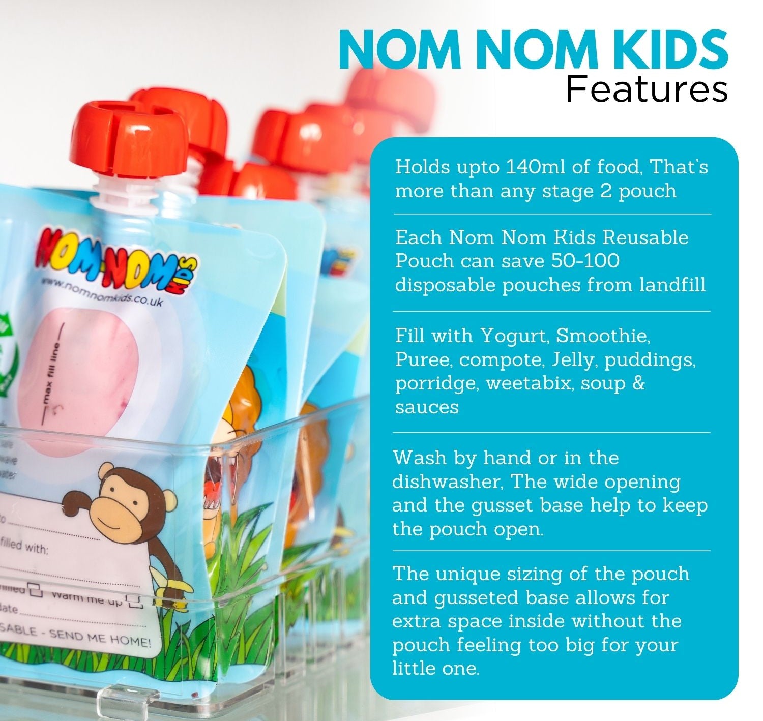 nom nom kids pouch features