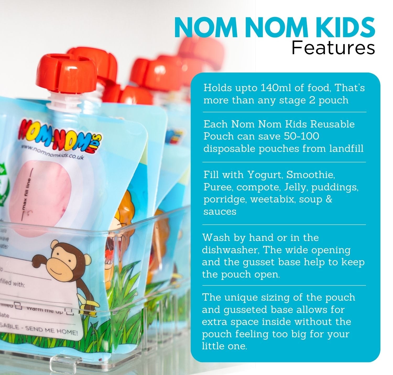 nom nom kids pouch features