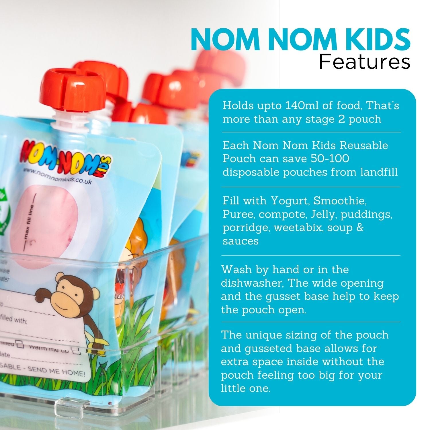 nom nom kids pouch features