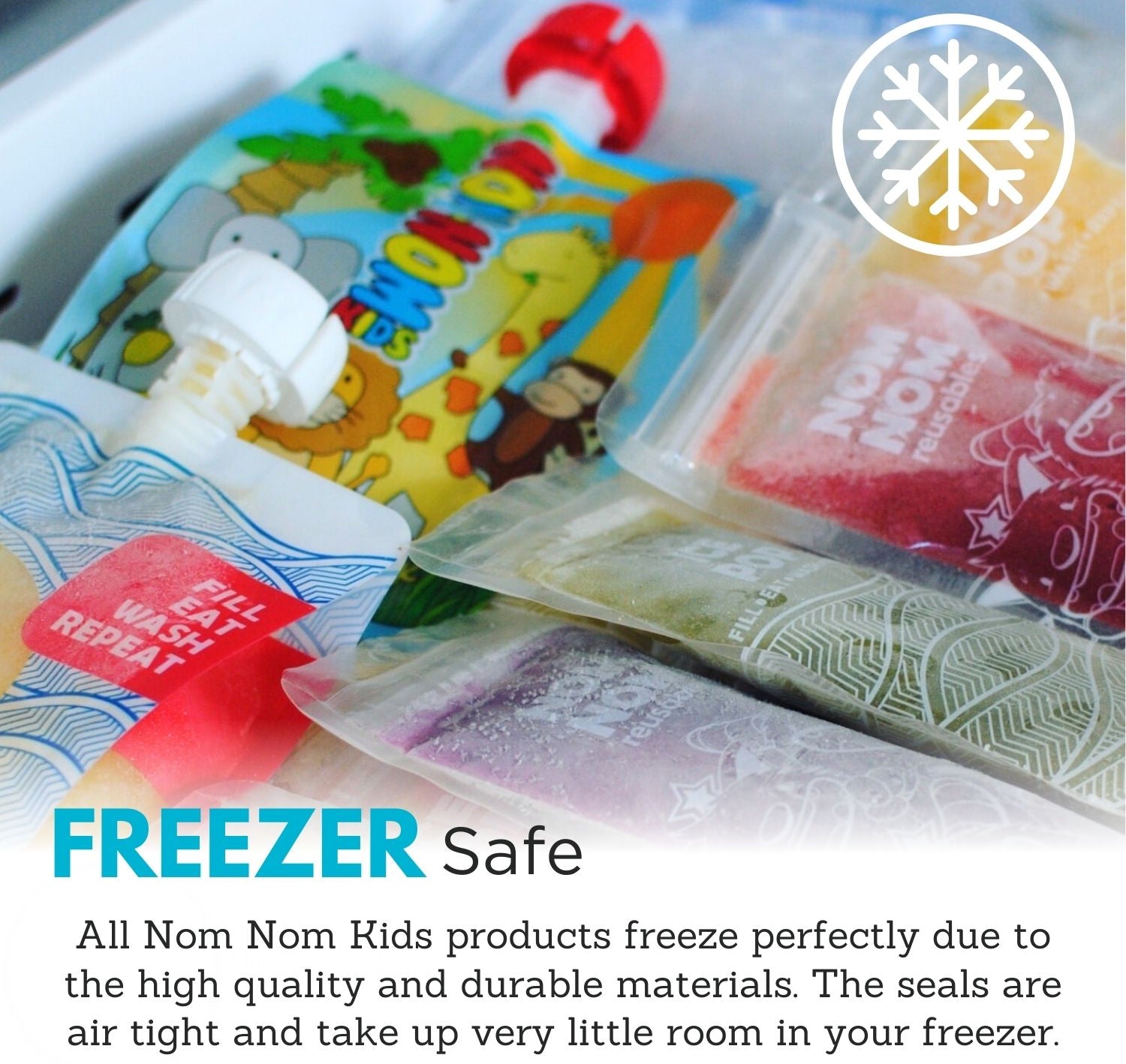 pouches and ice pop bags in a freezer and freezer safe text
