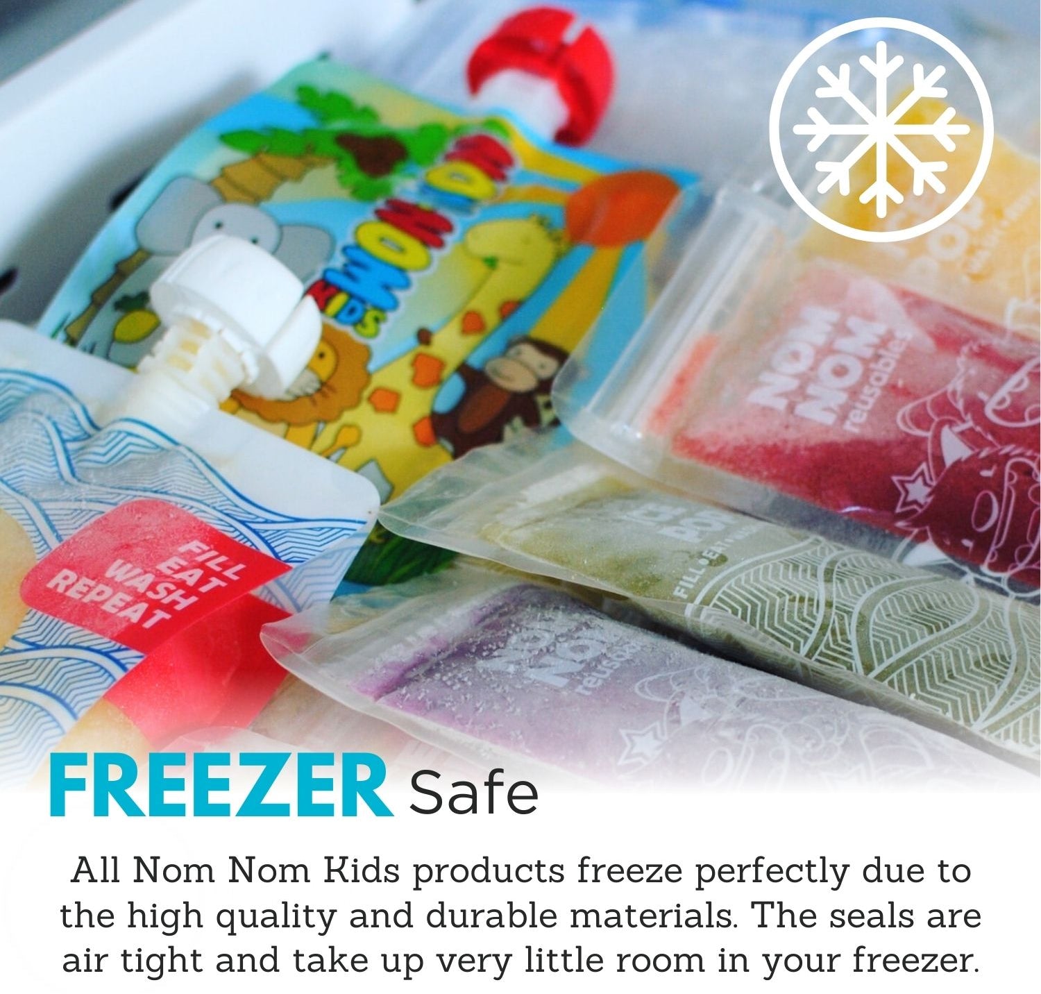 pouches and ice pop bags in a freezer and freezer safe text