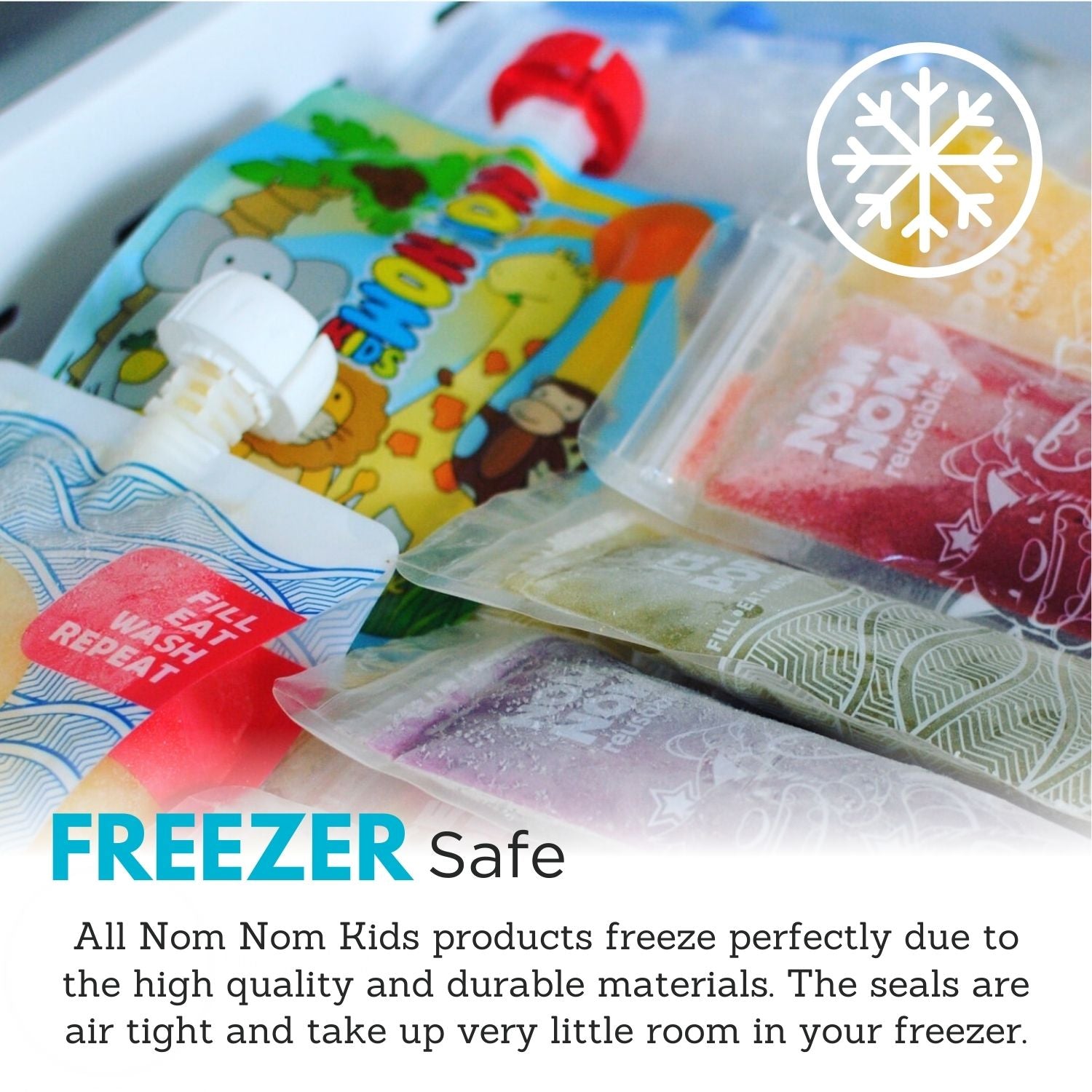 pouches and ice pop bags in a freezer and freezer safe text