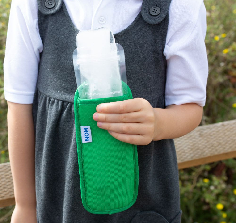 Green Neoprene ice pop sleeve for a Nom Nom reusable ice pop bag to stop hands from getting col and keep the ice pop from melting so quick