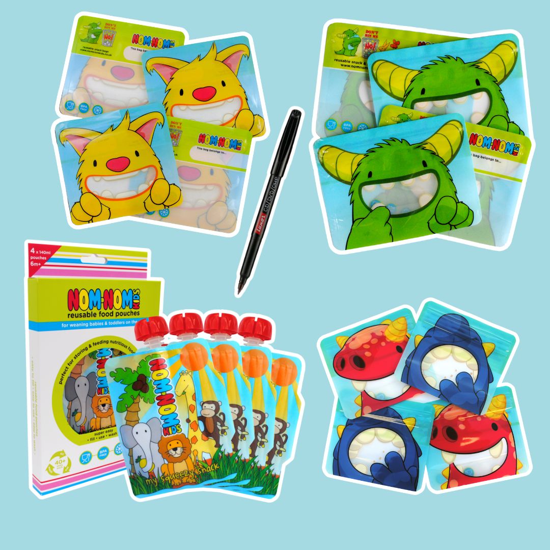 Nom Nom kids reusable snack bag bundles. reusable snack bags and yogurt pouches.