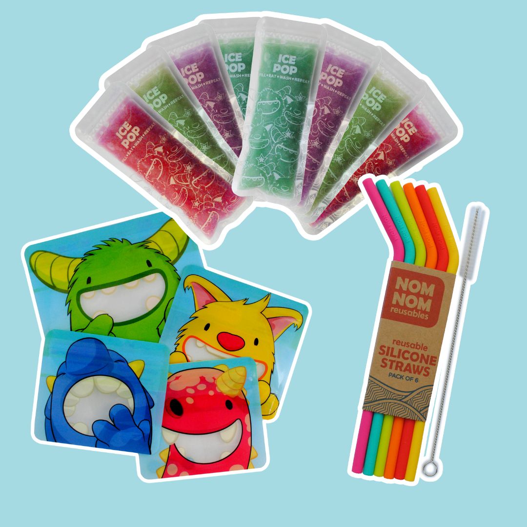 Nom Nom kids ice pop pouches, reusable snack bags and silicone straws.