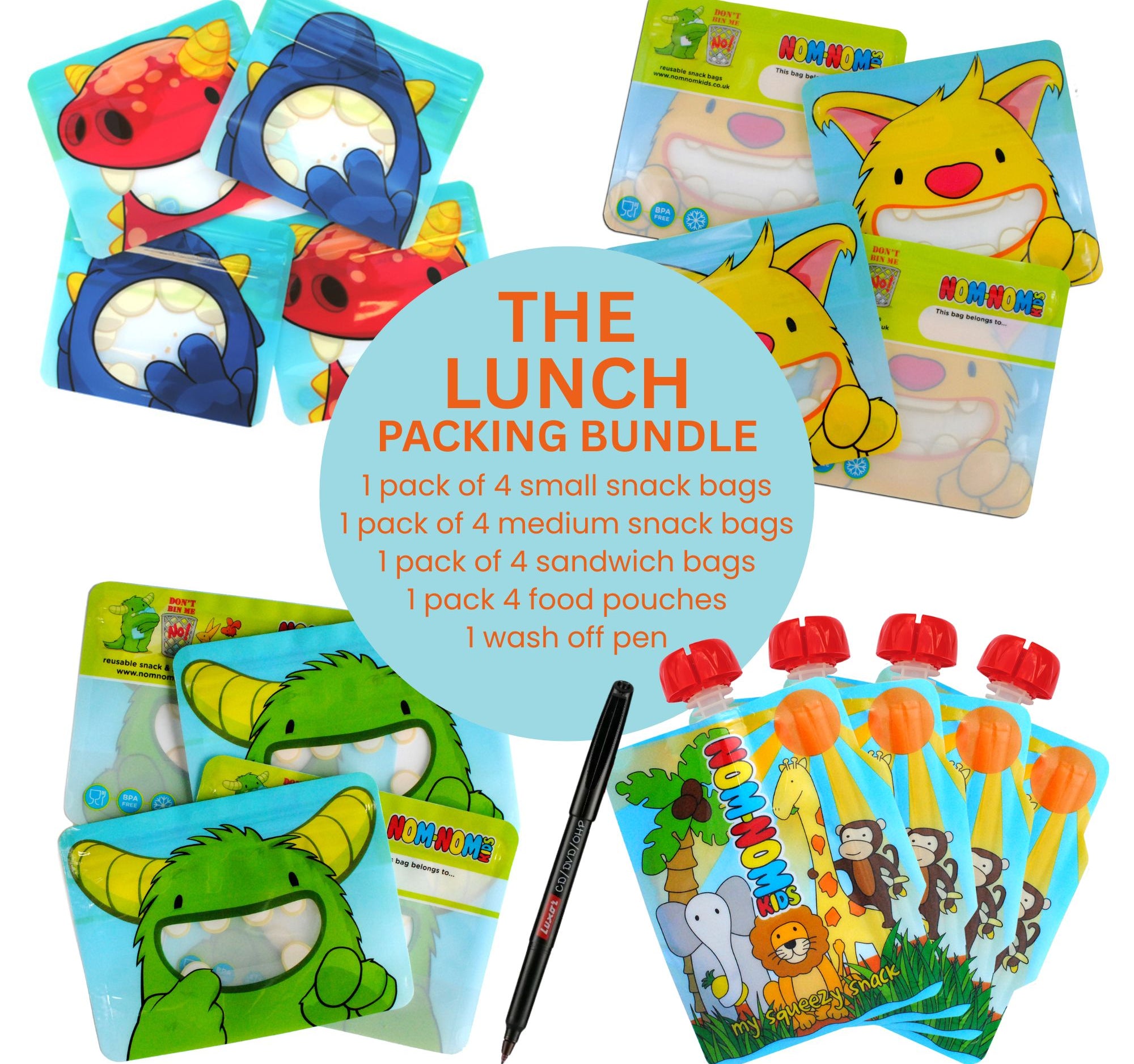 Lunch packing bundle with cartoon-themed bags and pouches on a white background