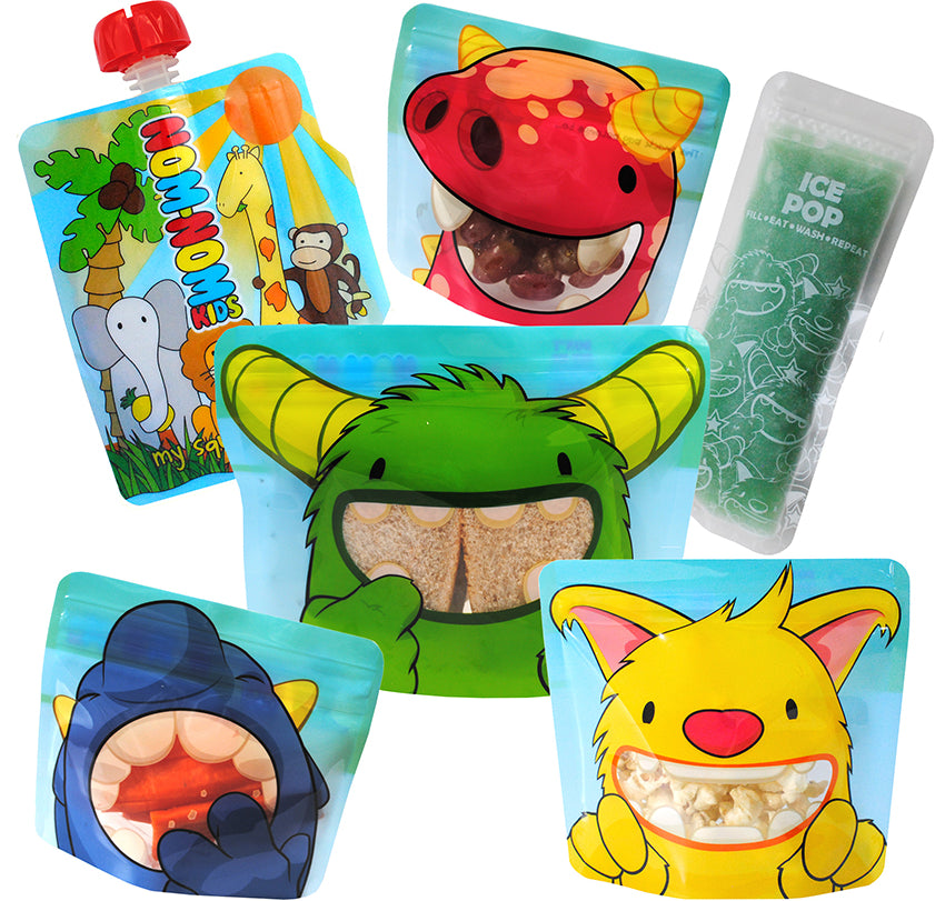 A collection of colourful reusable food pouches and snack bags with cartoon animal designs filled with sandwiches and healthy snacks