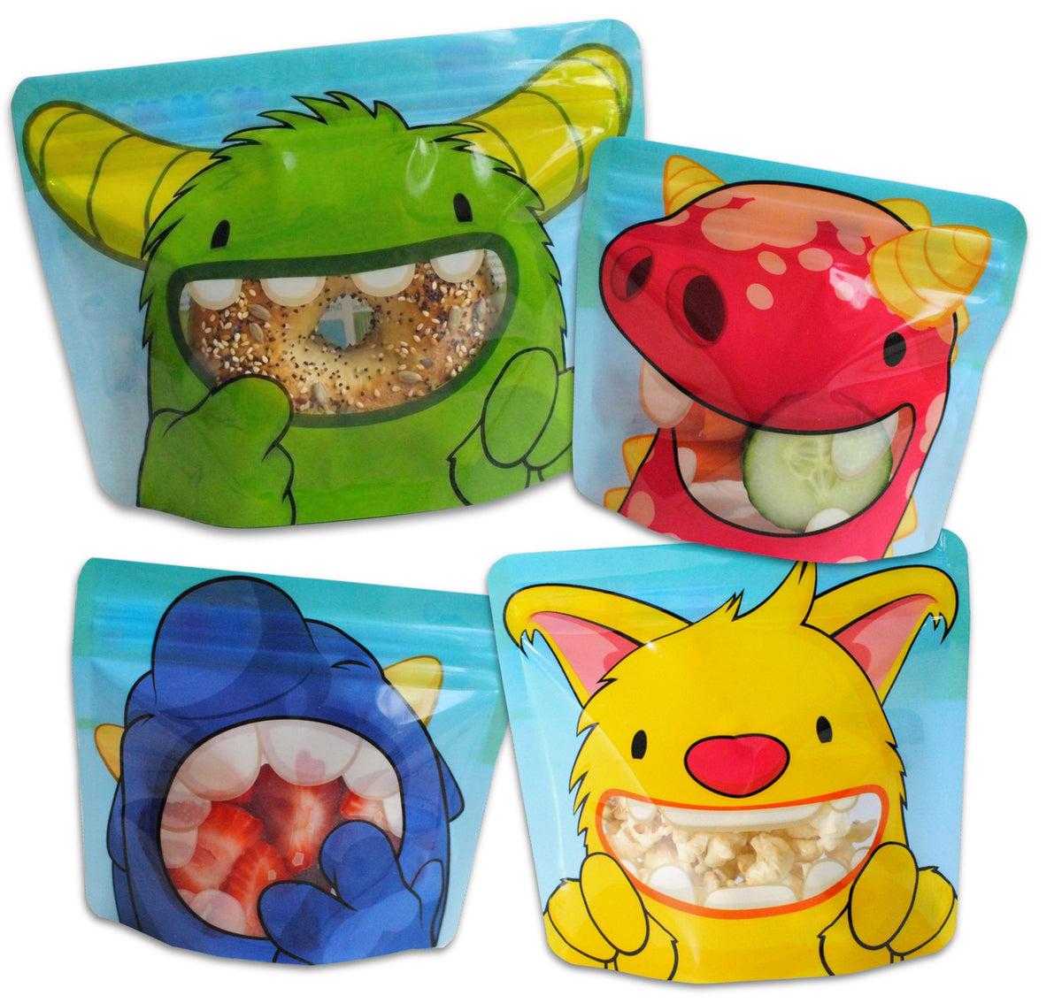 image showing all 4 monster bags filled with a seeded bagel, popcorn, chopped fruit and vegetables