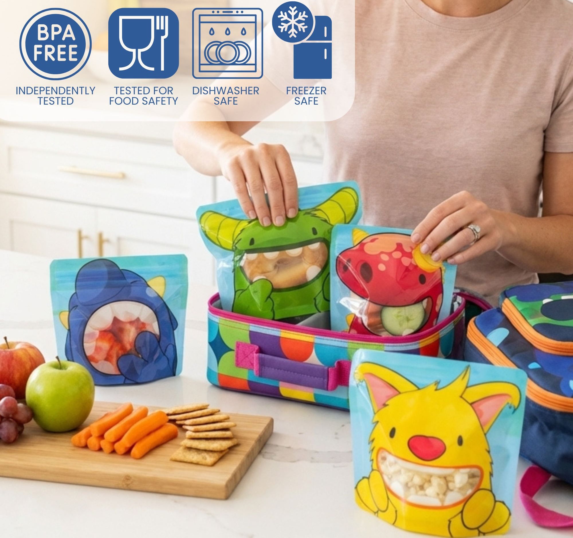 a mum packing lunch bags with colourful monster bags filled with a sandwich, fruit, vegetable snacks and some popcorn