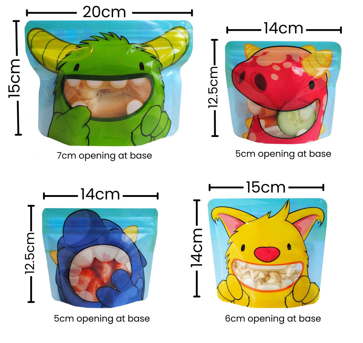image showing all 4 monster bags with their measurements