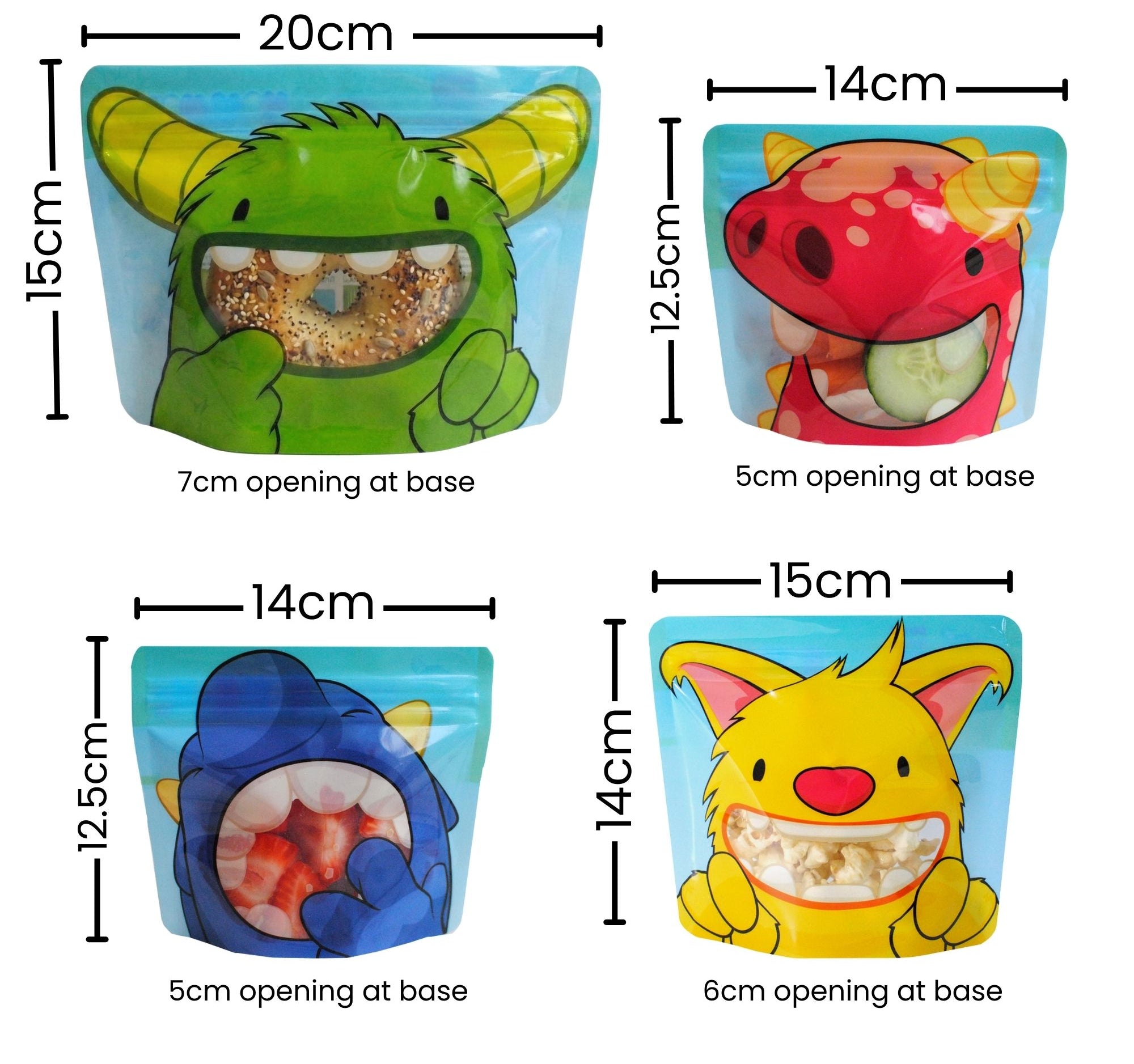 image showing all 4 monster bags with their measurements