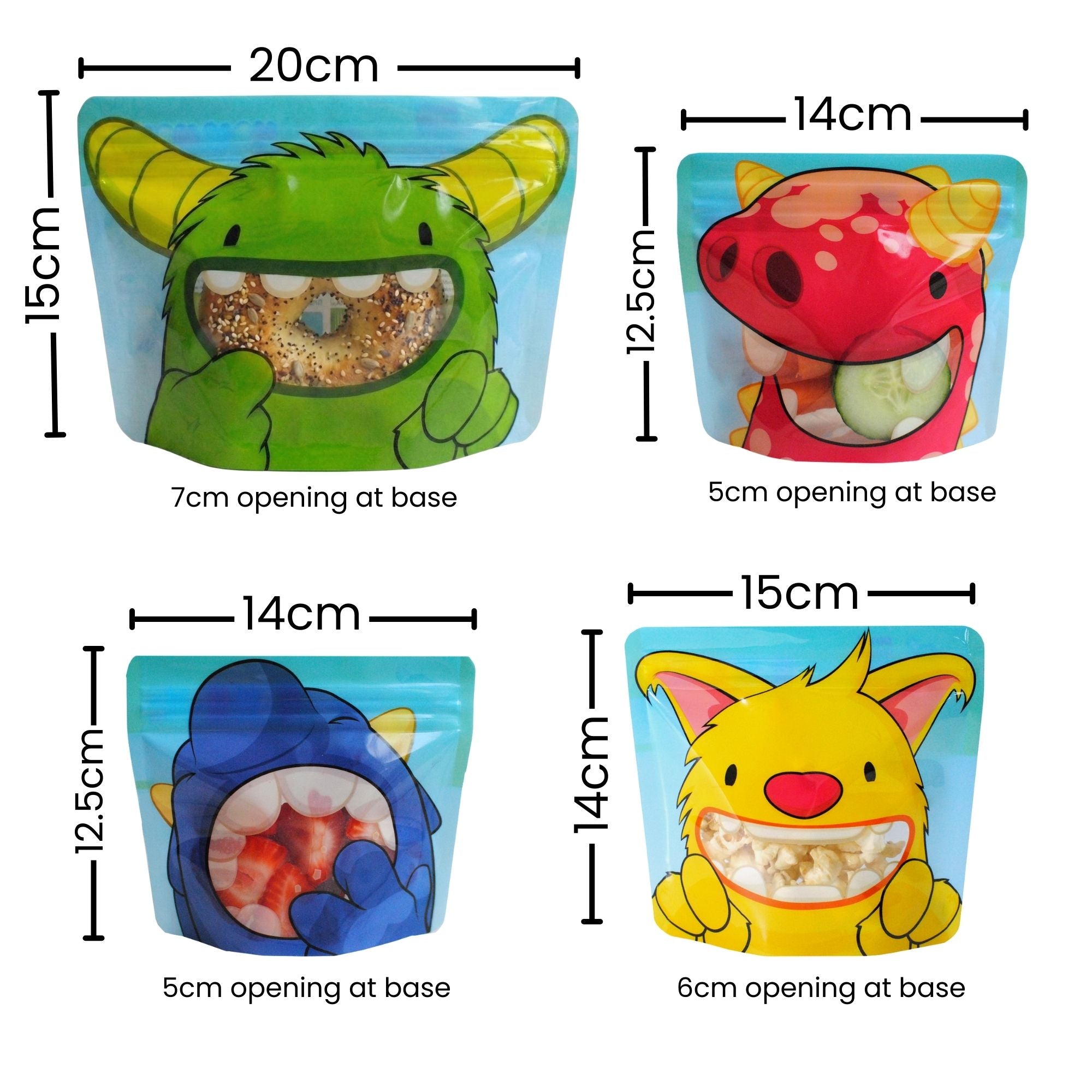 image showing all 4 monster bags with their measurements