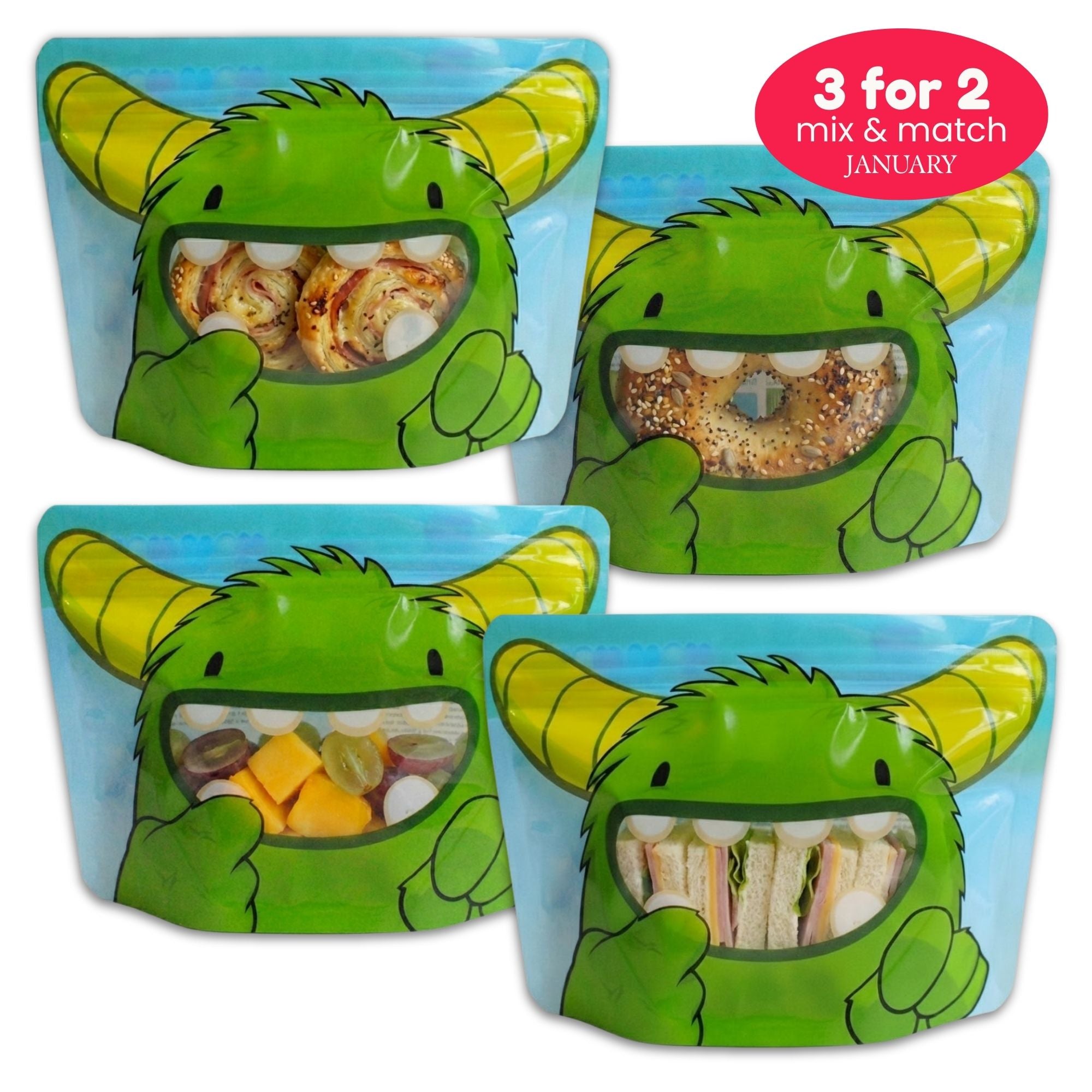 A monster bag filled with a seeded bagel, pinwheels, sandwiches and fruit with a 3 for 2 label