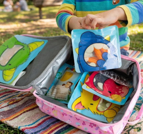 colourful picnic lunch in reusable bags with monster designs