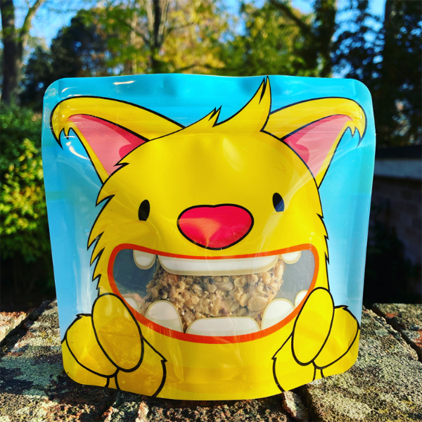 Nom Nom kids reusable snack pouch with flapjack inside