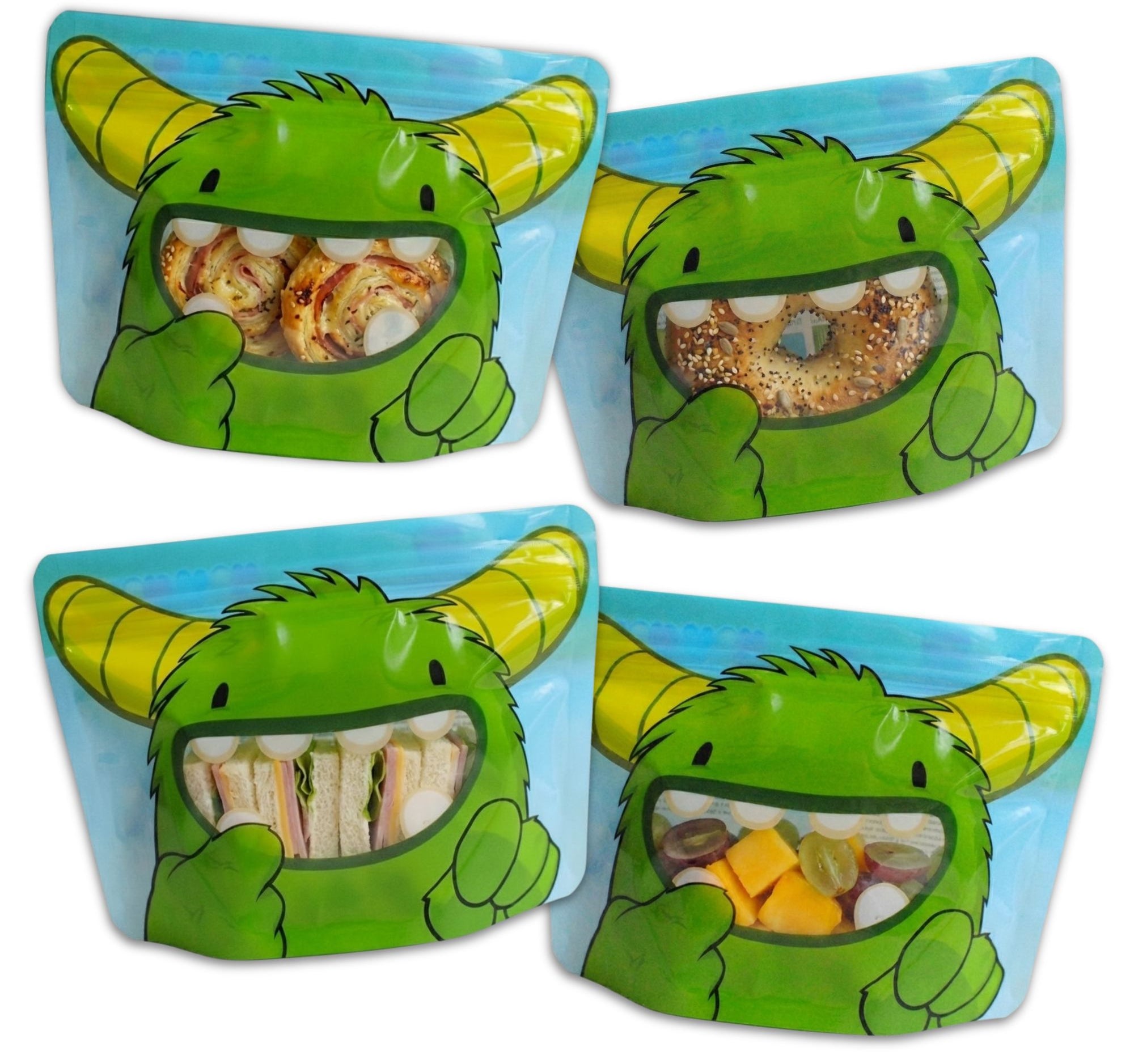 A monster bag filled with a seeded bagel, pinwheels, sandwiches and fruit