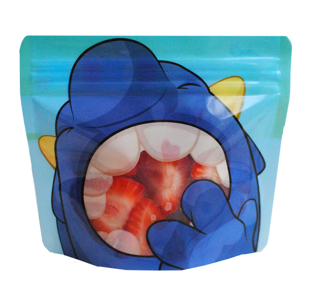 Nom Nom kids blue monster snack bag filled with strawberries