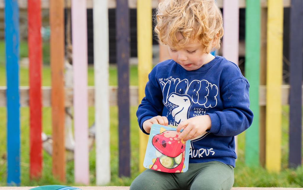 nom nom kids reusable snack bag being held by a toddler wearing a dinosaur t-shirt