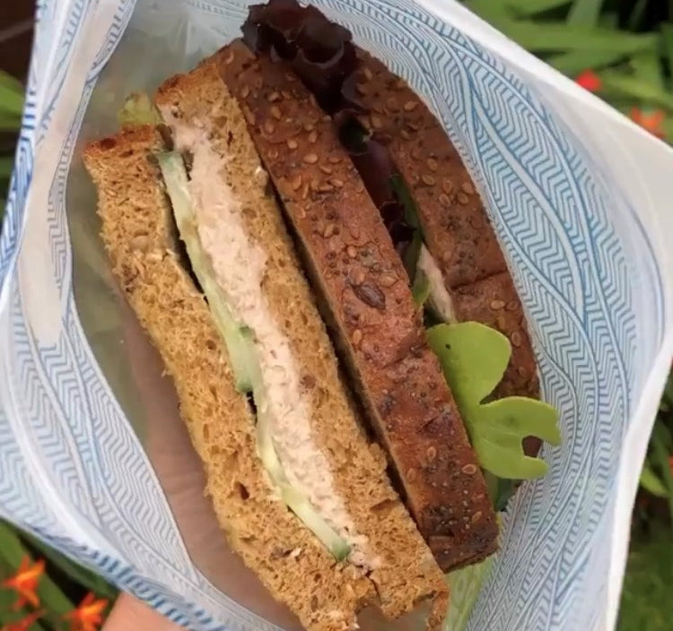 Nom Nom kids reusable sandwich bag with sandwich inside