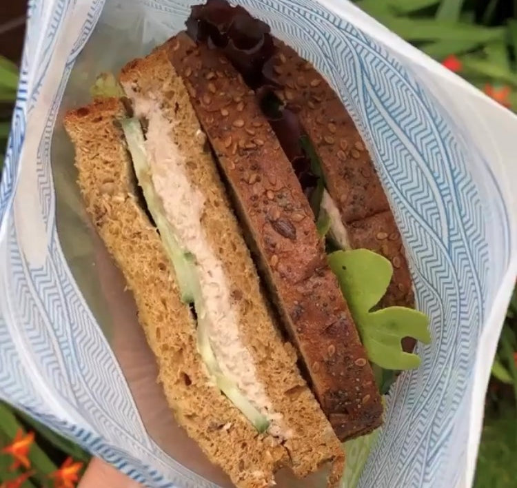 Nom Nom kids reusable sandwich bag with sandwich inside